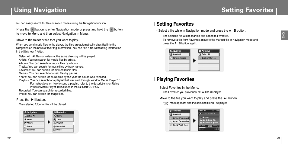 Using navigation, Setting favorites, Isetting favorites i playing favorites 1 | Samsung YP-T7JX-XAA User Manual | Page 12 / 28