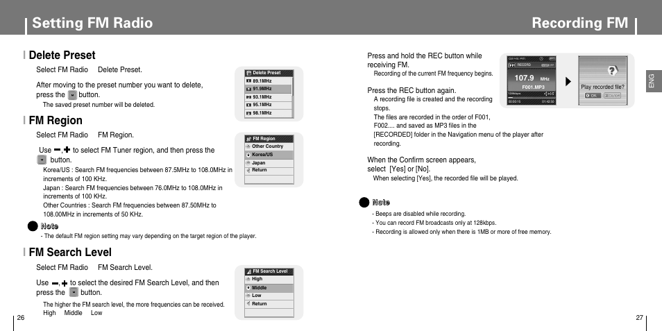 Recording fm, Setting fm radio, Ifm region i delete preset 1 | Ifm search level | Samsung YP-T7JX-XAA User Manual | Page 14 / 28