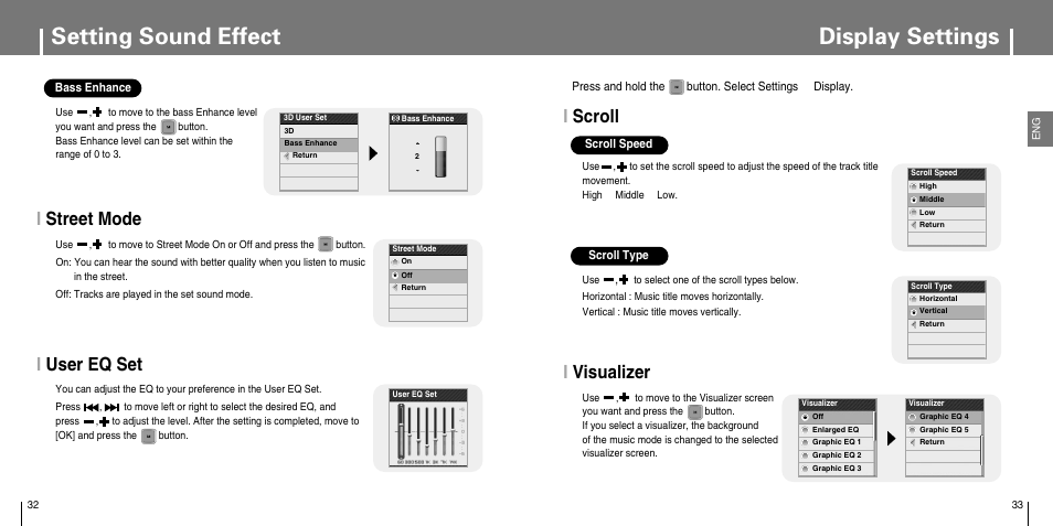 Display settings, Setting sound effect, Iscroll | Ivisualizer, Istreet mode i user eq set | Samsung YP-T7JX-XAA User Manual | Page 17 / 28