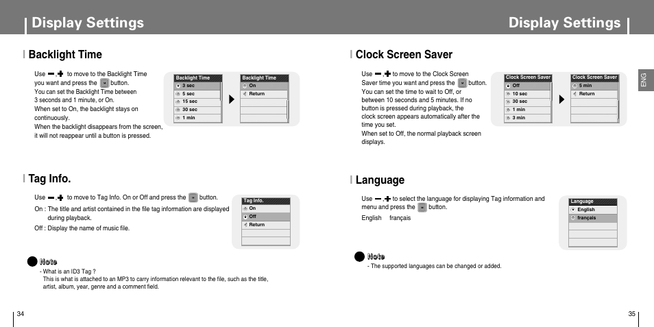 Display settings, Iclock screen saver, Ilanguage | Ibacklight time, Itag info | Samsung YP-T7JX-XAA User Manual | Page 18 / 28