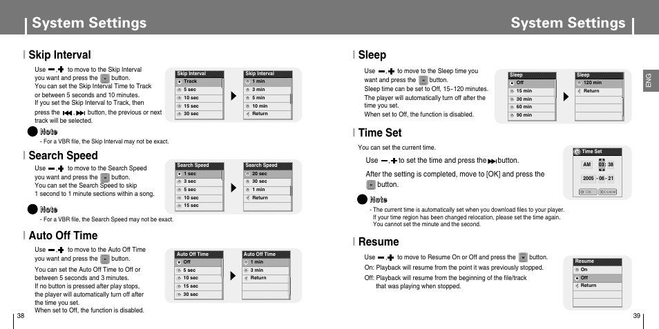 System settings, Iresume, Isleep | Itime set, Iskip interval, Isearch speed, I auto off time | Samsung YP-T7JX-XAA User Manual | Page 20 / 28