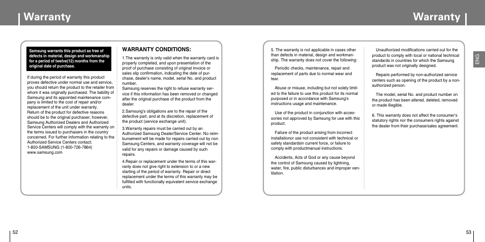 Warranty | Samsung YP-T7JX-XAA User Manual | Page 27 / 28