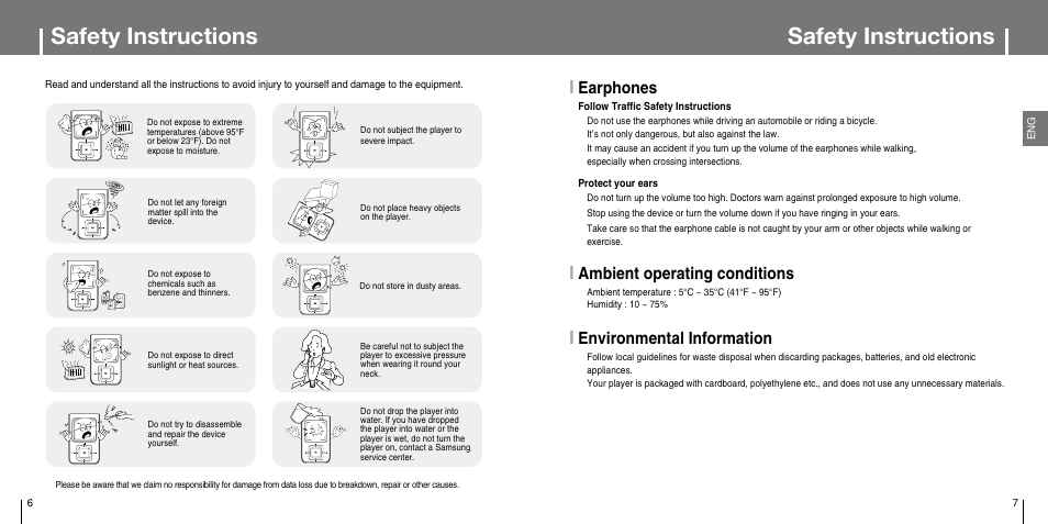 Safety instructions, Earphones, Ambient operating conditions | Environmental information | Samsung YP-T7JX-XAA User Manual | Page 4 / 28