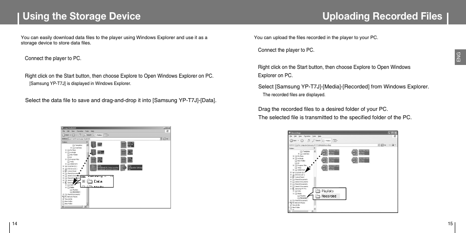 Using the storage device, Uploading recorded files | Samsung YP-T7JX-XAA User Manual | Page 8 / 28