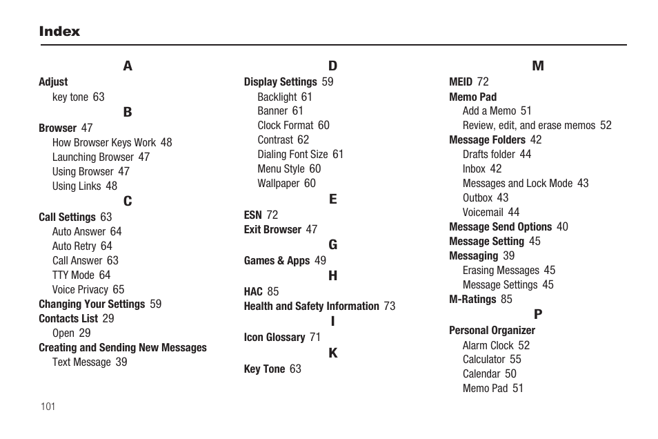 Index | Samsung SCH-R211ZKBCRI User Manual | Page 104 / 106