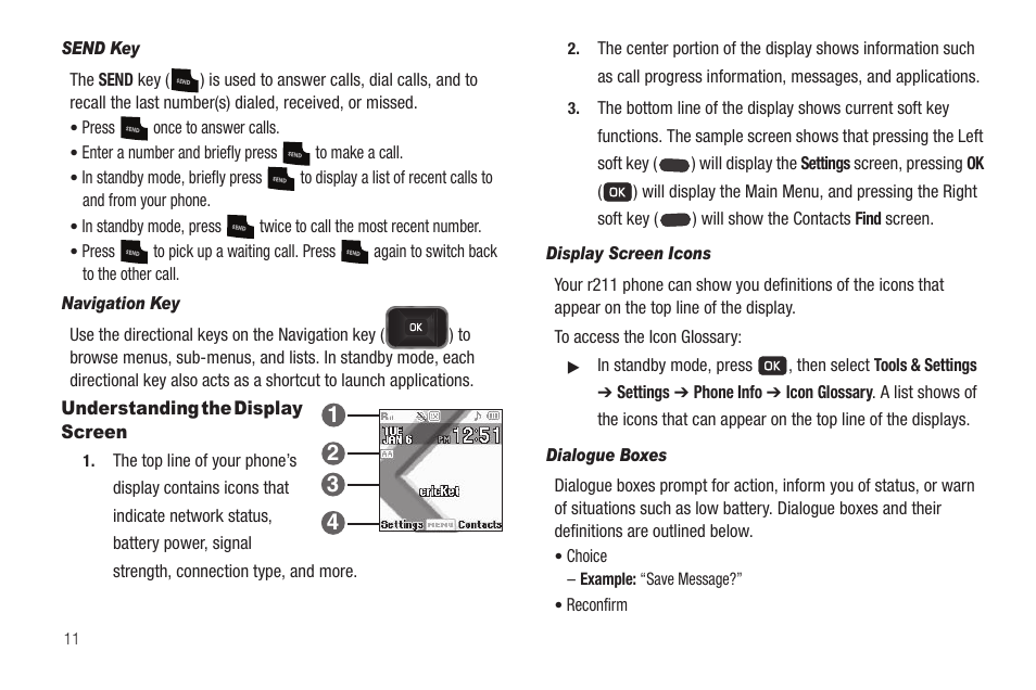 Send key, Navigation key, Understanding the display screen | Display screen icons, Dialogue boxes | Samsung SCH-R211ZKBCRI User Manual | Page 14 / 106