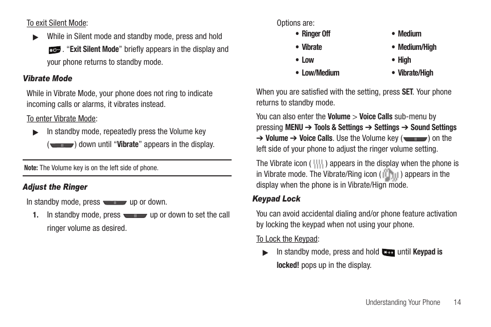 Vibrate mode, Adjust the ringer, Keypad lock | Samsung SCH-R211ZKBCRI User Manual | Page 17 / 106