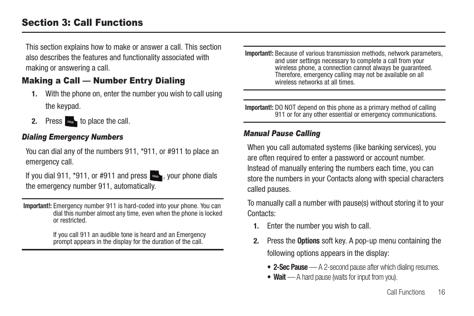 Section 3: call functions, Making a call — number entry dialing, Dialing emergency numbers | Manual pause calling | Samsung SCH-R211ZKBCRI User Manual | Page 19 / 106