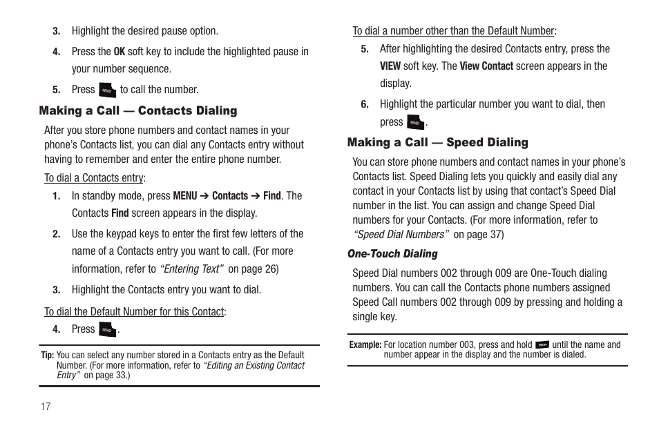 Making a call — contacts dialing, Making a call — speed dialing, One-touch dialing | Samsung SCH-R211ZKBCRI User Manual | Page 20 / 106