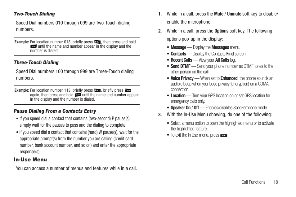 Two-touch dialing, Three-touch dialing, Pause dialing from a contacts entry | In-use menu | Samsung SCH-R211ZKBCRI User Manual | Page 21 / 106