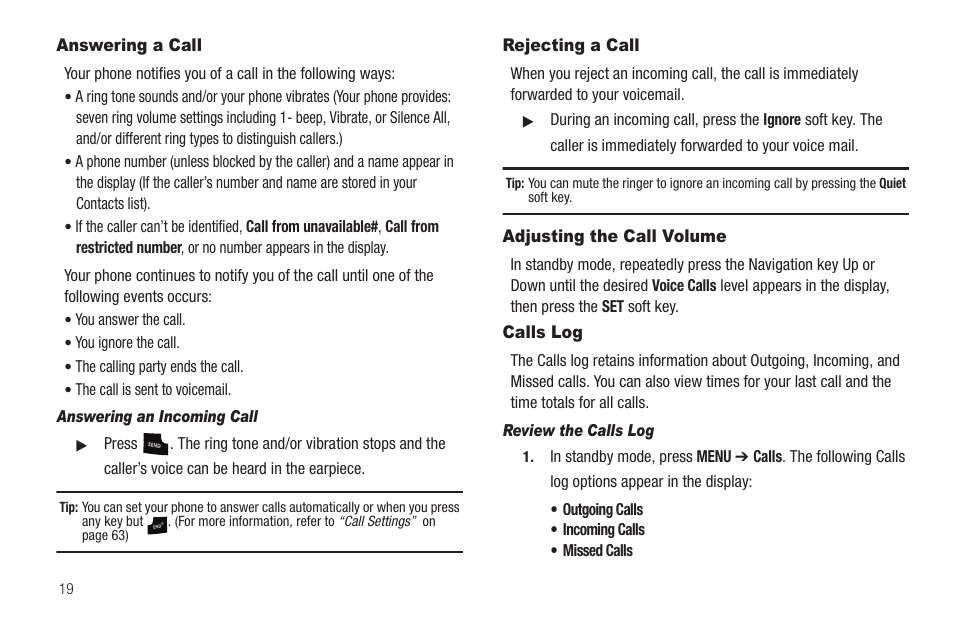 Answering a call, Answering an incoming call, Rejecting a call | Adjusting the call volume, Calls log, Review the calls log | Samsung SCH-R211ZKBCRI User Manual | Page 22 / 106