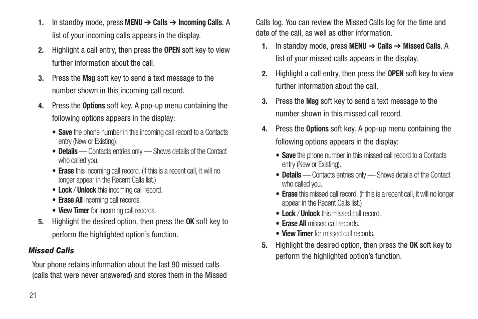 Missed calls | Samsung SCH-R211ZKBCRI User Manual | Page 24 / 106