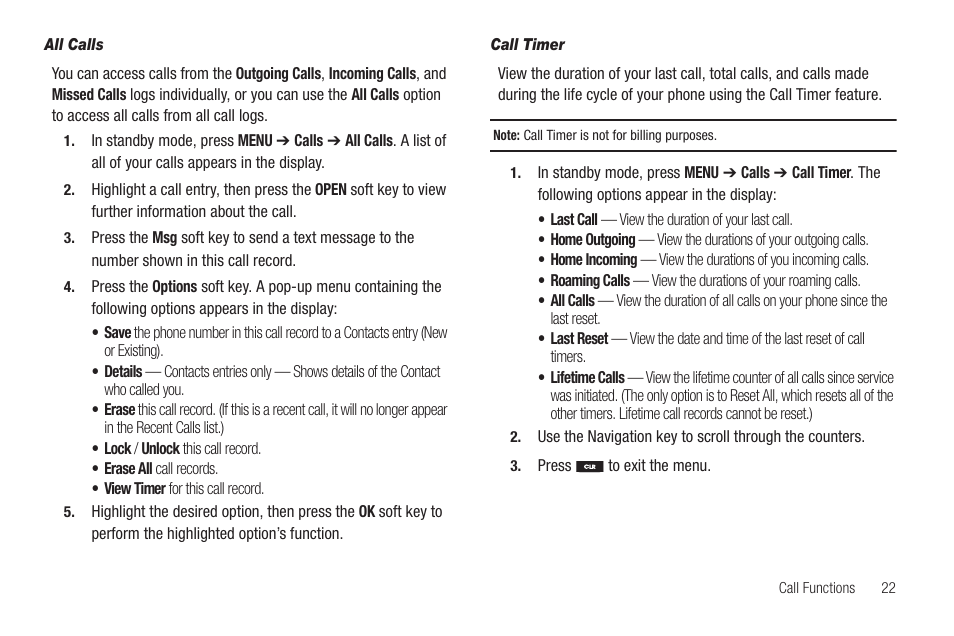 All calls, Call timer | Samsung SCH-R211ZKBCRI User Manual | Page 25 / 106