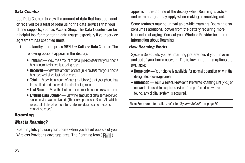 Data counter, Roaming, What is roaming | How roaming works | Samsung SCH-R211ZKBCRI User Manual | Page 26 / 106