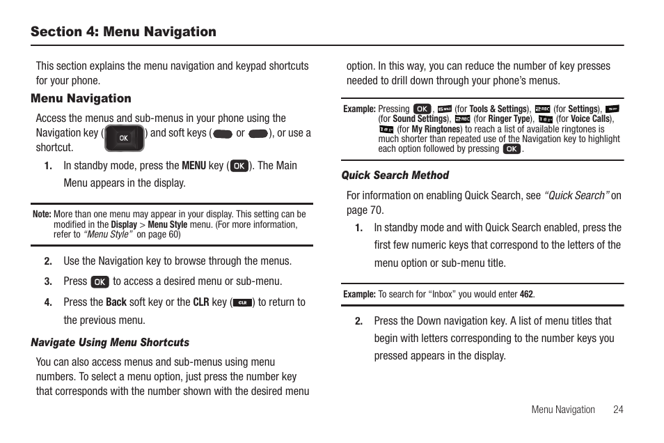 Section 4: menu navigation, Menu navigation, Navigate using menu shortcuts | Quick search method | Samsung SCH-R211ZKBCRI User Manual | Page 27 / 106