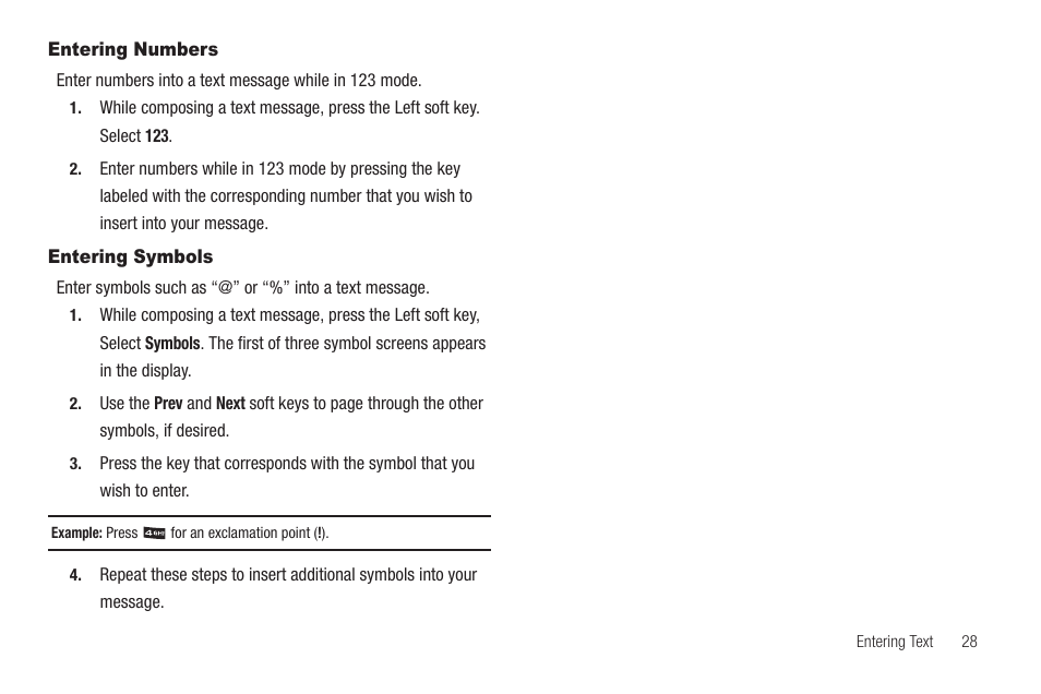 Entering numbers, Entering symbols, Entering numbers entering symbols | Samsung SCH-R211ZKBCRI User Manual | Page 31 / 106