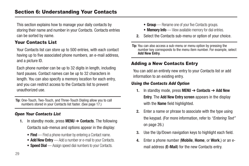 Section 6: understanding your contacts, Your contacts list, Open your contacts list | Adding a new contacts entry, Using the contacts add option, Your contacts list adding a new contacts entry | Samsung SCH-R211ZKBCRI User Manual | Page 32 / 106