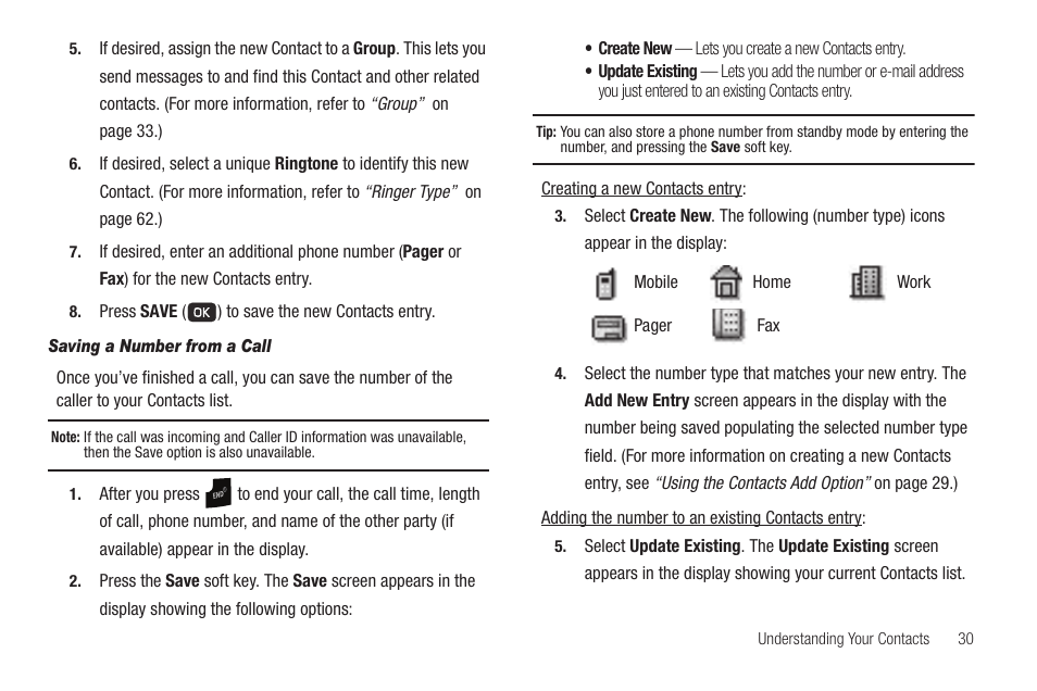 Saving a number from a call | Samsung SCH-R211ZKBCRI User Manual | Page 33 / 106