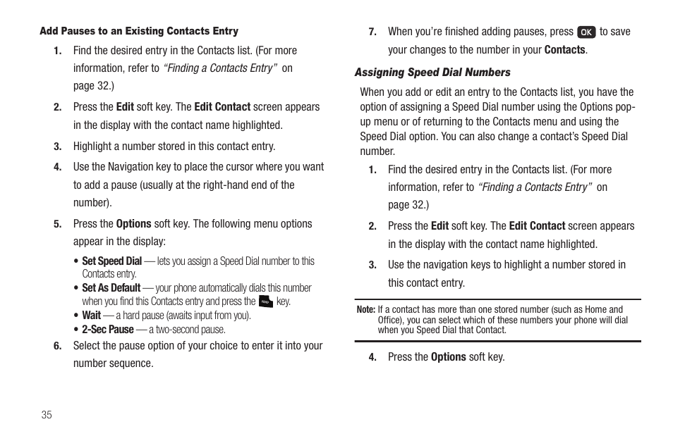 Add pauses to an existing contacts entry, Assigning speed dial numbers | Samsung SCH-R211ZKBCRI User Manual | Page 38 / 106