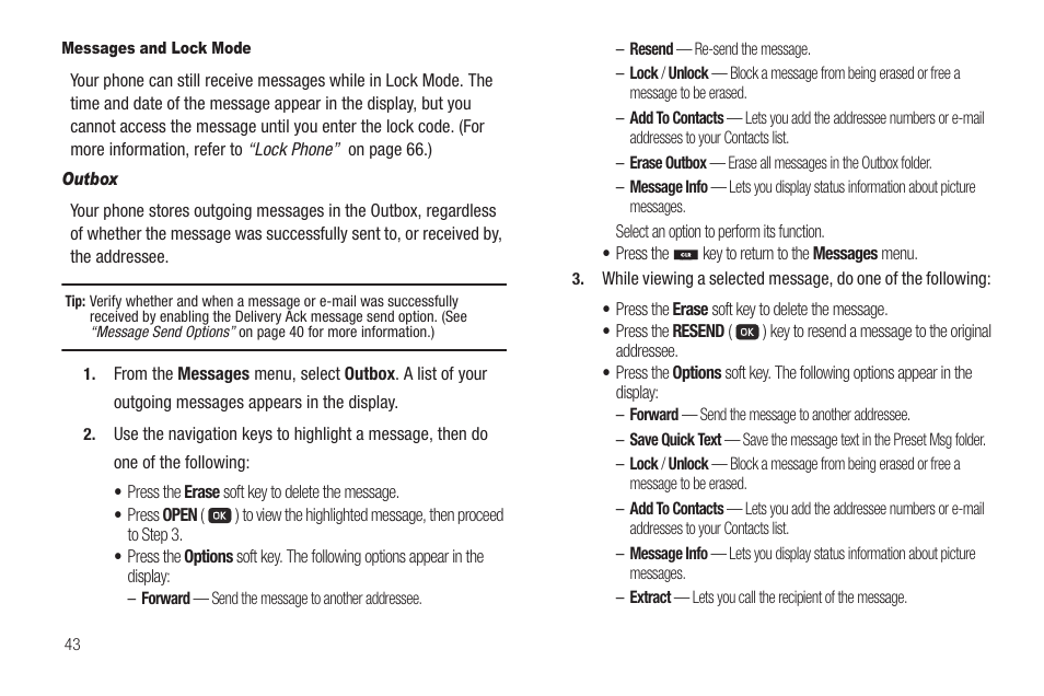 Messages and lock mode, Outbox | Samsung SCH-R211ZKBCRI User Manual | Page 46 / 106