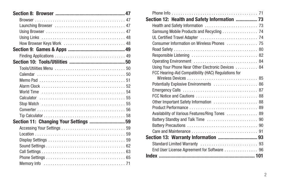 Section 8: browser 47, Section 9: games & apps 49, Section 10: tools/utilities 50 | Section 11: changing your settings 59, Section 12: health and safety information 73, Section 13: warranty information 93 | Samsung SCH-R211ZKBCRI User Manual | Page 5 / 106