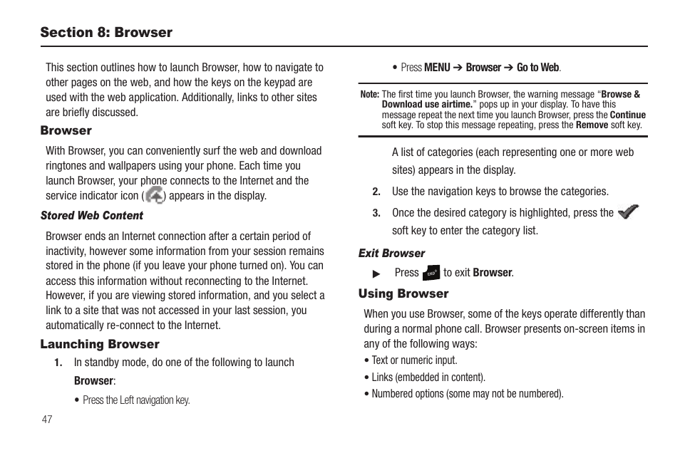 Section 8: browser, Browser, Stored web content | Launching browser, Exit browser, Using browser, Browser launching browser using browser | Samsung SCH-R211ZKBCRI User Manual | Page 50 / 106