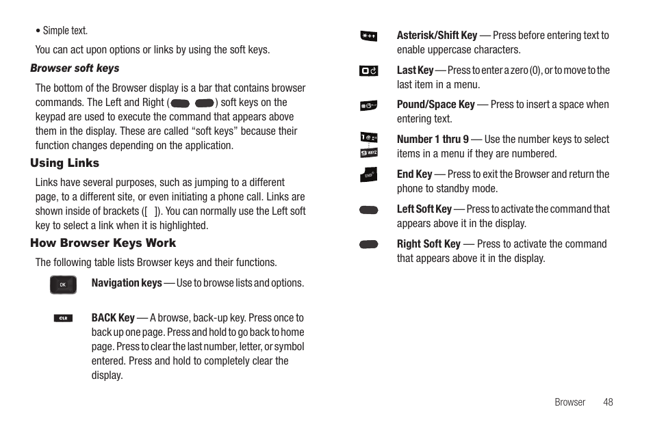 Browser soft keys, Using links, How browser keys work | Using links how browser keys work | Samsung SCH-R211ZKBCRI User Manual | Page 51 / 106