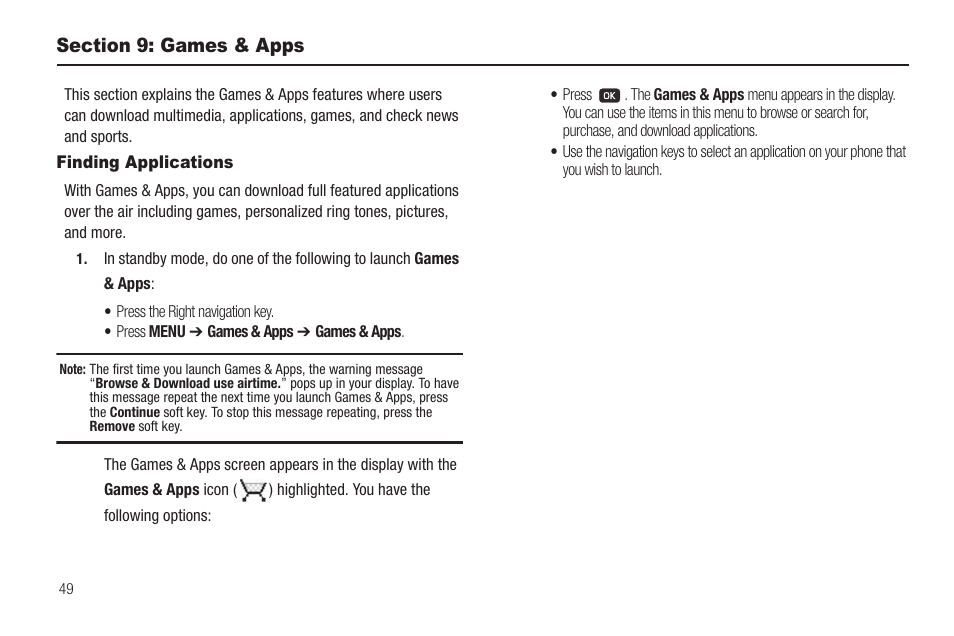 Section 9: games & apps, Finding applications | Samsung SCH-R211ZKBCRI User Manual | Page 52 / 106