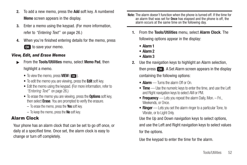 View, edit, and erase memos, Alarm clock | Samsung SCH-R211ZKBCRI User Manual | Page 55 / 106