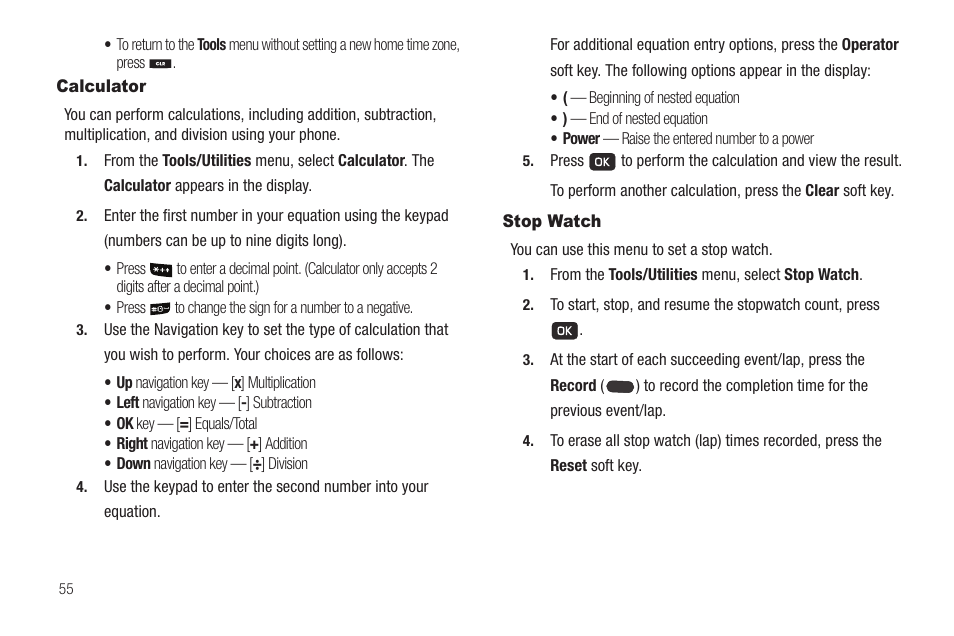 Calculator, Stop watch, Calculator stop watch | Samsung SCH-R211ZKBCRI User Manual | Page 58 / 106