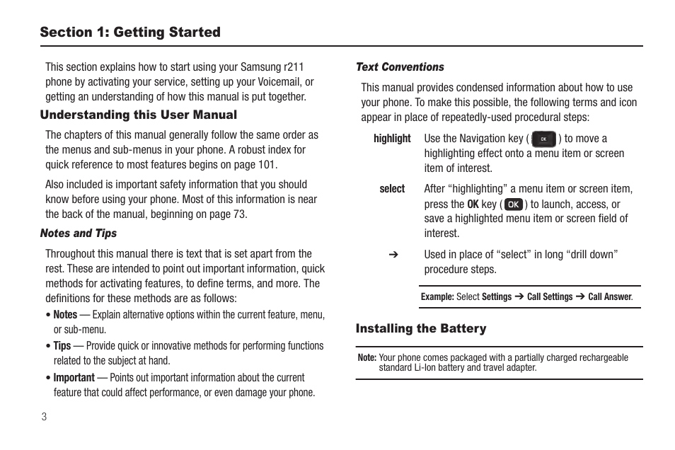 Section 1: getting started, Understanding this user manual, Notes and tips | Text conventions, Installing the battery | Samsung SCH-R211ZKBCRI User Manual | Page 6 / 106