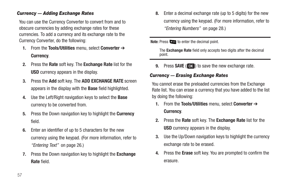 Currency — adding exchange rates, Currency — erasing exchange rates | Samsung SCH-R211ZKBCRI User Manual | Page 60 / 106