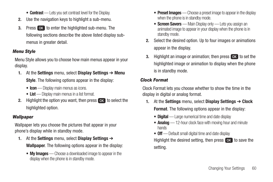 Menu style, Wallpaper, Clock format | Samsung SCH-R211ZKBCRI User Manual | Page 63 / 106