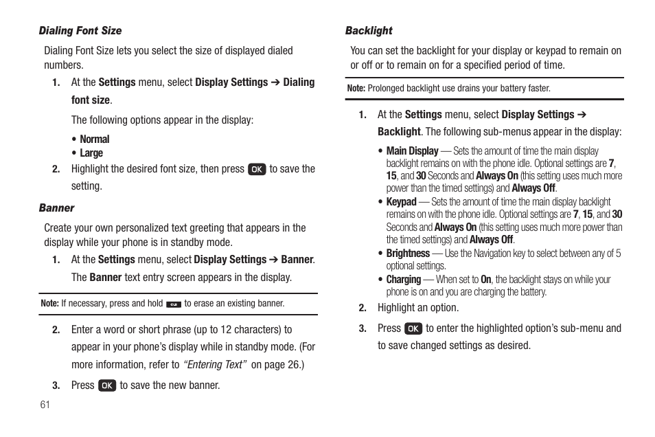 Dialing font size, Banner, Backlight | Samsung SCH-R211ZKBCRI User Manual | Page 64 / 106