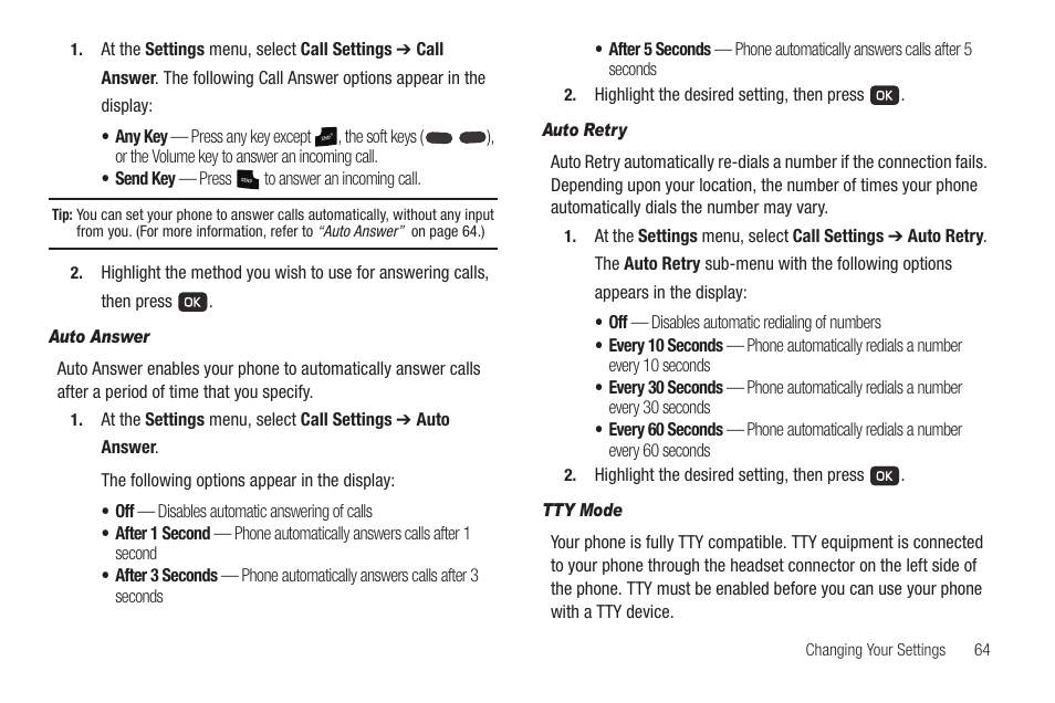 Auto answer, Auto retry, Tty mode | Samsung SCH-R211ZKBCRI User Manual | Page 67 / 106