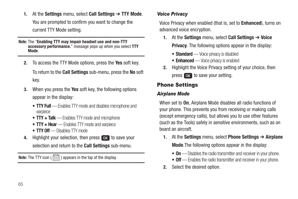 Voice privacy, Phone settings, Airplane mode | Samsung SCH-R211ZKBCRI User Manual | Page 68 / 106