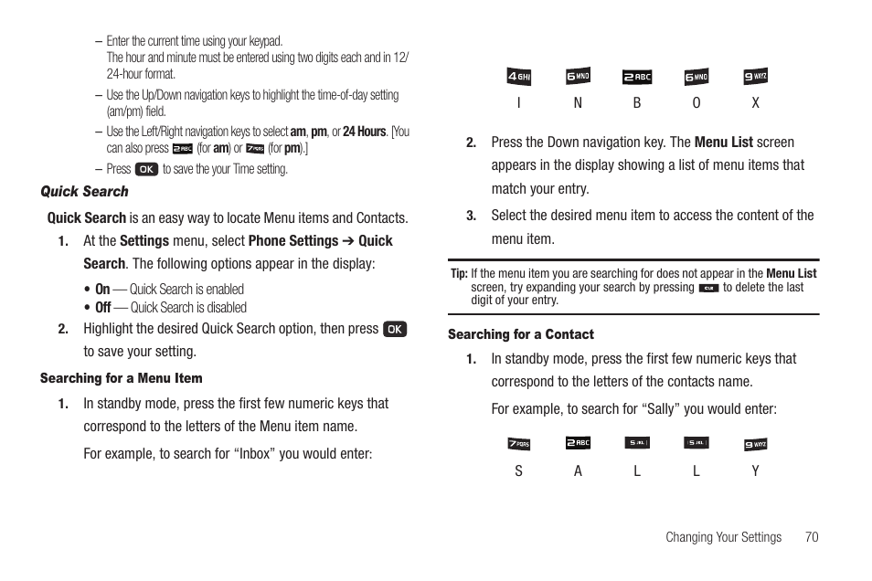 Quick search, Searching for a menu item, Searching for a contact | Samsung SCH-R211ZKBCRI User Manual | Page 73 / 106