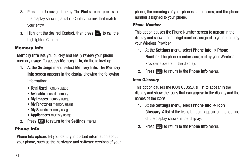 Memory info, Phone info, Phone number | Icon glossary | Samsung SCH-R211ZKBCRI User Manual | Page 74 / 106