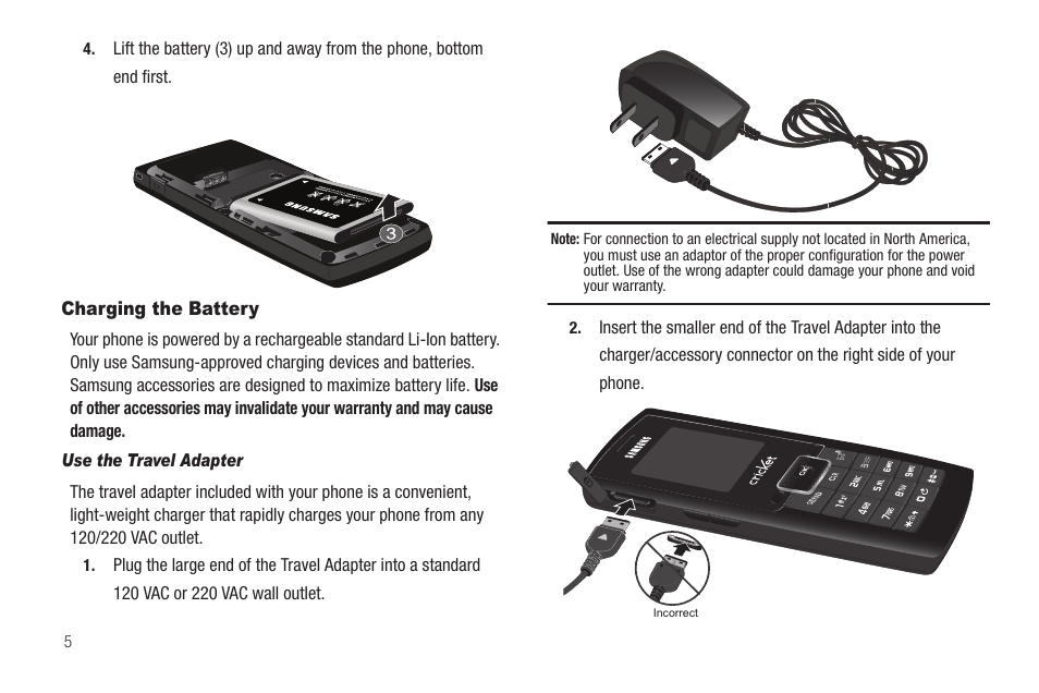 Charging the battery, Use the travel adapter | Samsung SCH-R211ZKBCRI User Manual | Page 8 / 106