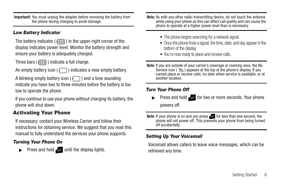 Low battery indicator, Activating your phone, Turning your phone on | Turn your phone off, Setting up your voicemail | Samsung SCH-R211ZKBCRI User Manual | Page 9 / 106