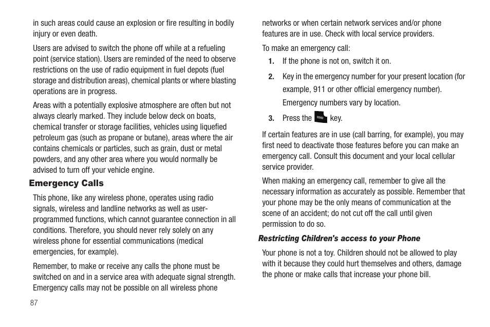 Emergency calls, Restricting children's access to your phone | Samsung SCH-R211ZKBCRI User Manual | Page 90 / 106