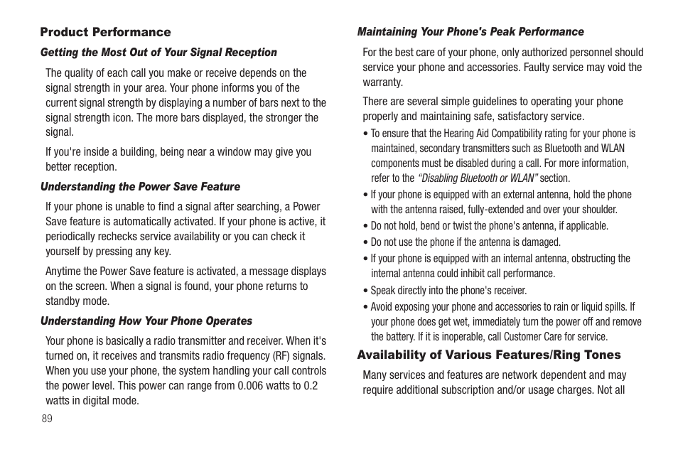 Product performance, Getting the most out of your signal reception, Understanding the power save feature | Understanding how your phone operates, Maintaining your phone's peak performance, Availability of various features/ring tones | Samsung SCH-R211ZKBCRI User Manual | Page 92 / 106