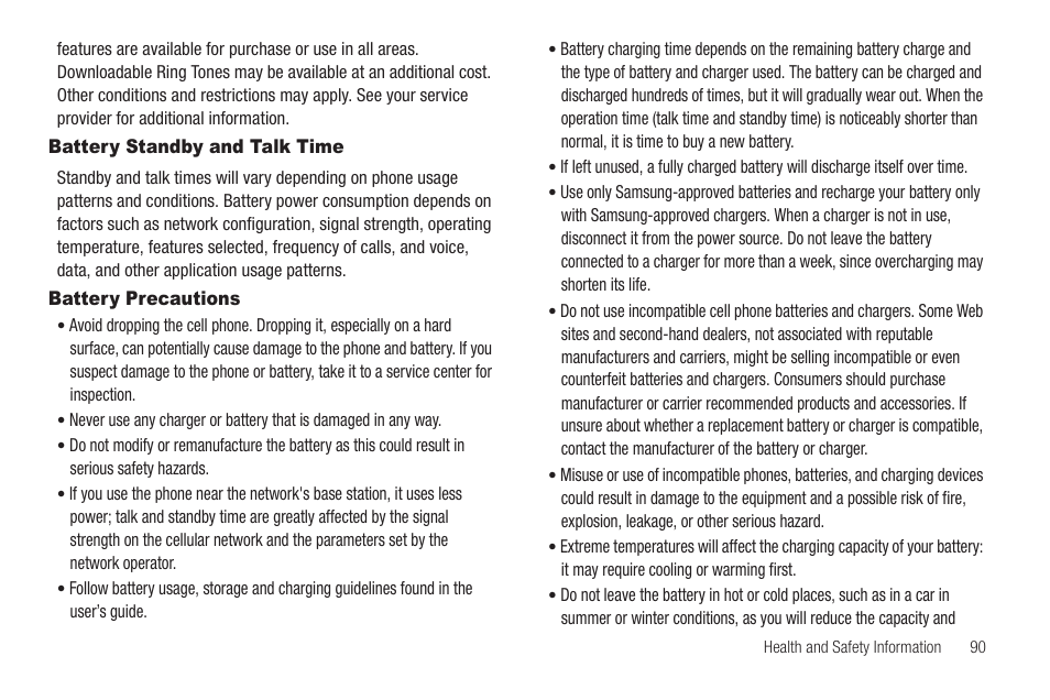 Battery standby and talk time, Battery precautions, Battery standby and talk time battery precautions | Samsung SCH-R211ZKBCRI User Manual | Page 93 / 106