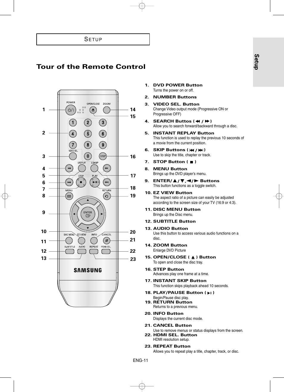 Tour of the remote control, Setup s | Samsung DVD-HD860-XAA User Manual | Page 11 / 64