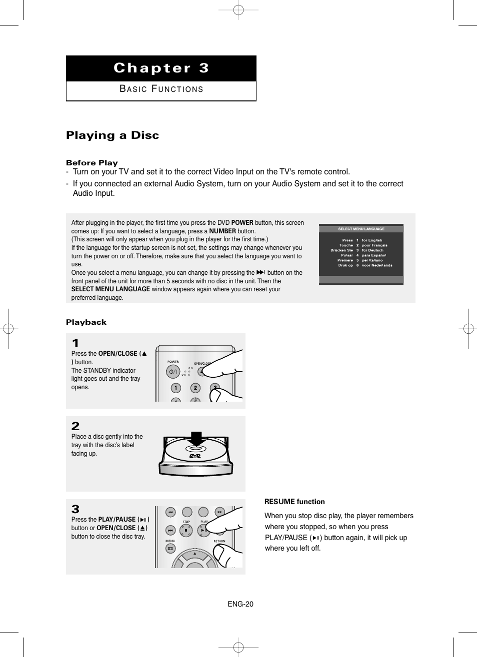 Chapter 3 basic functions, Playing a disc | Samsung DVD-HD860-XAA User Manual | Page 20 / 64