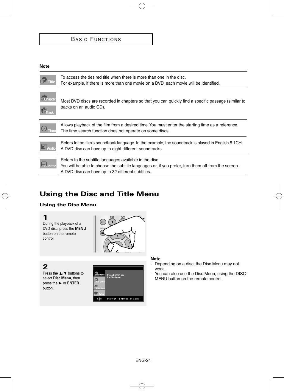 Using the disc and title menu | Samsung DVD-HD860-XAA User Manual | Page 24 / 64