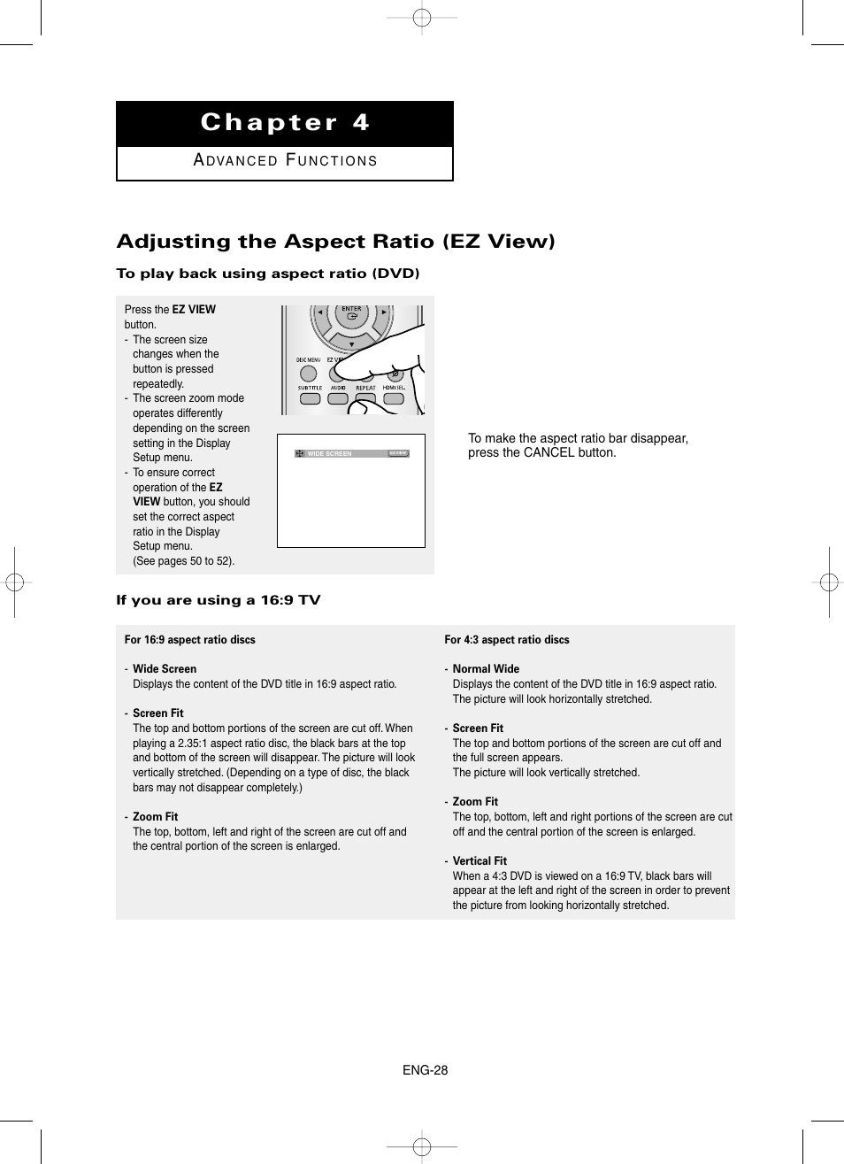 Chapter 4 advanced functions, Adjusting the aspect ratio (ez view) | Samsung DVD-HD860-XAA User Manual | Page 28 / 64