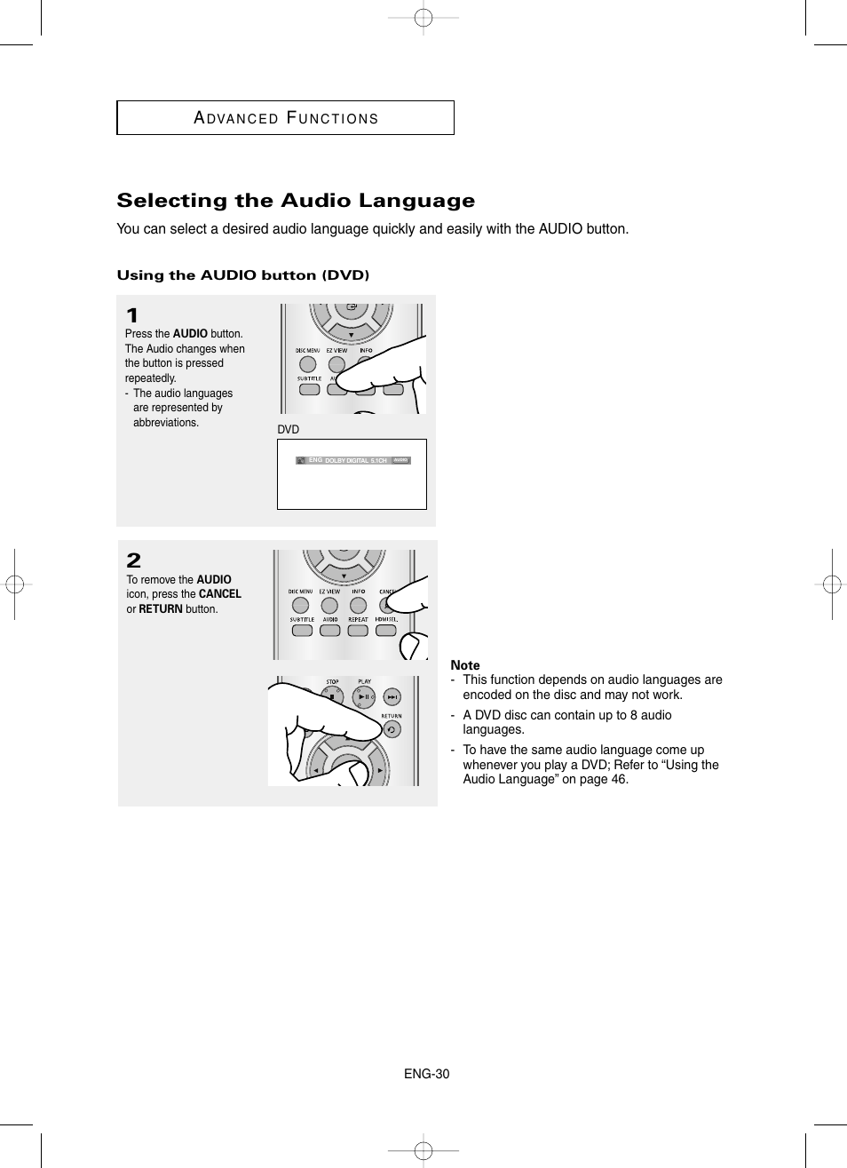 Selecting the audio language | Samsung DVD-HD860-XAA User Manual | Page 30 / 64