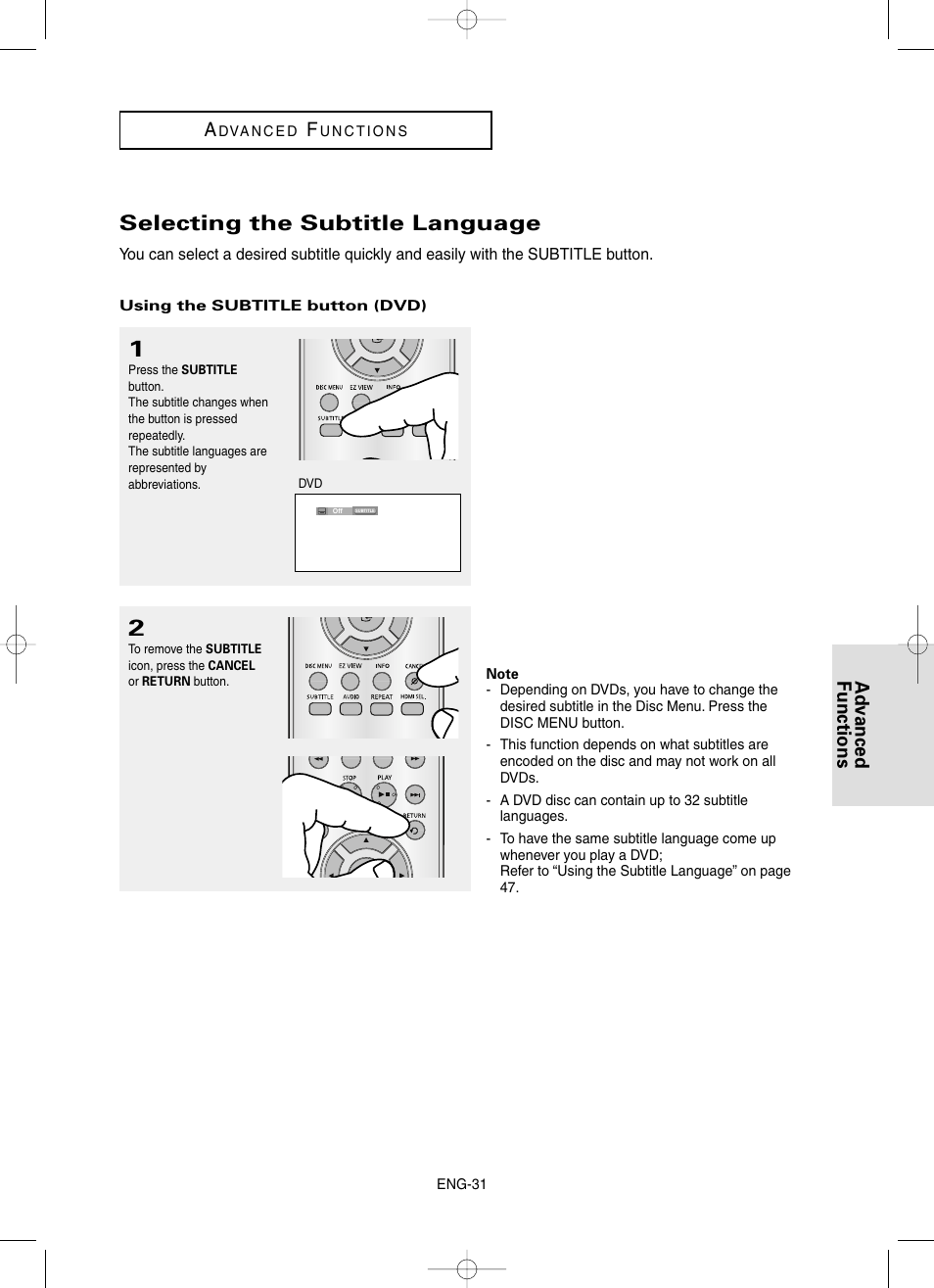Selecting the subtitle language, Advanced functions a | Samsung DVD-HD860-XAA User Manual | Page 31 / 64