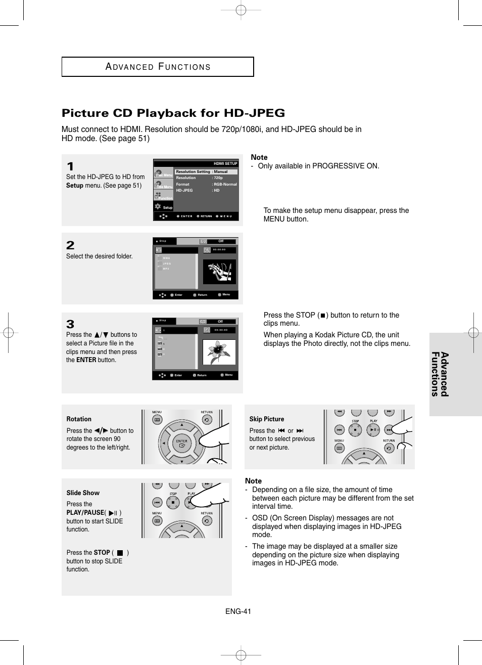 Picture cd playback for hd-jpeg, Advanced functions a | Samsung DVD-HD860-XAA User Manual | Page 41 / 64